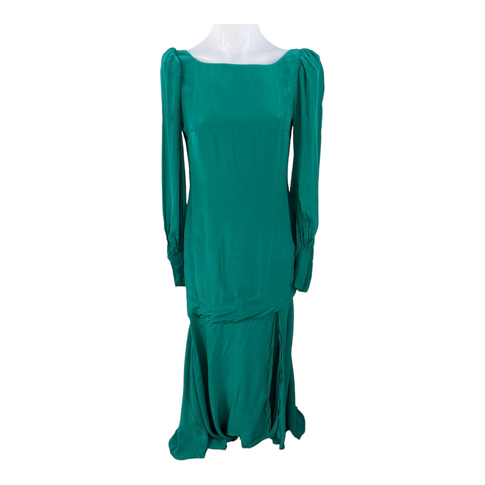 De La Vali Size 10 Maxi Shift Dress Emerald Green Boat Neck Puff Long Sleeves